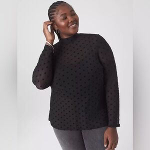 Lane Bryant Mock Neck Long Sleeve Sheer Flocked Dot Mesh Top